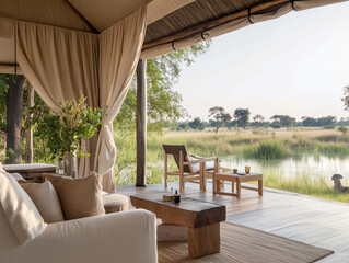 Large open space with a wooden table and chairs, and a couch with pillows