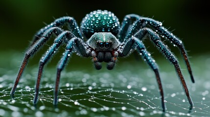 Macro close-up of iridescent spider on dew-covered web in nature