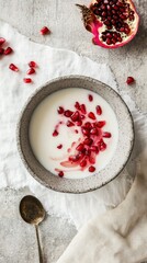 Bowl with coconut milk and pomegranate seeds. Perfect for detox, superfood lovers, and wellness-focused meals.