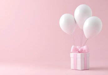 Fototapeta premium White gift box with pink ribbon and three white balloons floating above it against a pale pink background. Soft lighting creates a celebratory mood