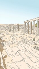Obraz premium Intricate line drawing of nitzana archaeological site with stone columns and desert landscape