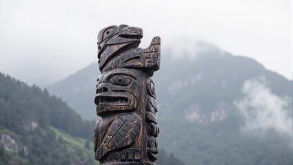 Unique wooden totem pole with bird and bear motifs set against misty mountains