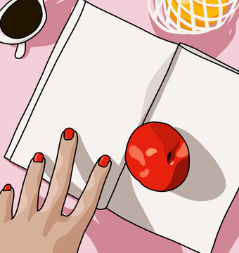 Blank Paper Open Book Template. Hand Drawn Summer Style Vector Illustration with Woman's Hand, Fruits and Sunglasses on Pink Background