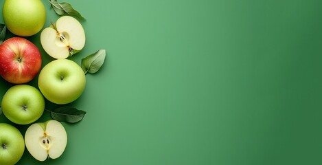 Fresh apples and apple slices on green background, web banner with copy space, photography, background