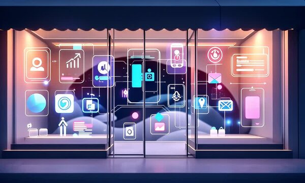 Night storefront, digital marketing display, city background, retail strategy