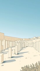 Obraz premium Minimalist line drawing of nitzana ancient beige columns and ruins against a clear blue sky