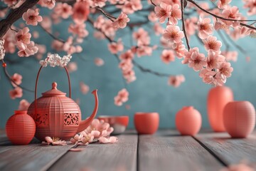 Pink blossoms frame tea ceremony scene; peaceful spring setting, ideal for greeting cards.