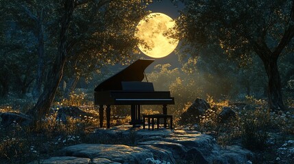 A serene nighttime scene featuring a grand piano set in a lush forest clearing illuminated by a large, glowing full moon. The piano is placed on a rustic stone path surrounded by vibrant wildflowers a