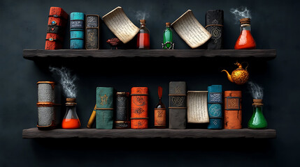Fototapeta premium Mystical sorcery event featuring a witch's sacred bookshelf enchanted library ancient scrolls cozy atmosphere atmospheric perspective witchcraft concepts