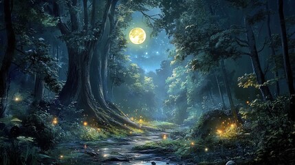 A magical nighttime forest scene illuminated by a bright full moon. The forest features towering trees with lush green foliage, casting deep shadows on the forest floor. A gentle stream flows through 