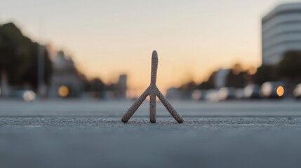 Small peace symbol on city street sunset