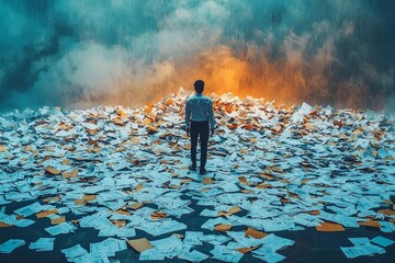 Silhouette of a Person Walking Away from Burning Shredded Business Documents Symbolizing the End of a Failed Enterprise