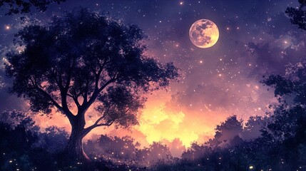 A serene nighttime landscape featuring a large, majestic tree silhouetted against a vibrant, starry sky. The full moon casts a gentle glow, illuminating the surrounding foliage and creating a mystical