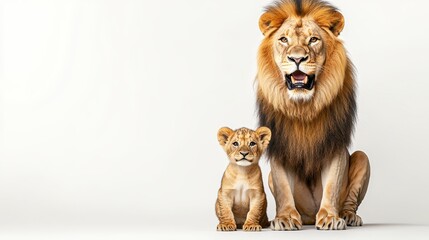 Obraz premium Majestic adult lion and its tiny cub sit together against a bright white background. The lion's mane is full and dark, contrasting with the cub's