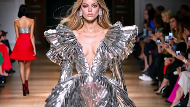 Glamorous runway fashion with metallic dress on model