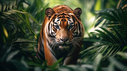 Fototapeta premium Majestic tiger in dense jungle foliage, wildlife portrait