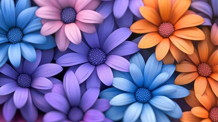 A series of three Art Deco-inspired designs featuring purple, blue, and orange daisies