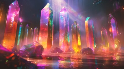 A mystical underground chamber filled with tall, vividly colored crystals that reflect light in a spectrum of vibrant hues. The scene is illuminated by a dim, ethereal glow, with beams of light stream