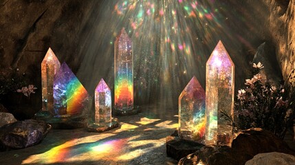 A serene cave interior illuminated by ethereal light beams, showcasing an array of colorful, shimmering crystals in various shapes and sizes, with reflections creating a rainbow effect on the ground. 