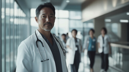 Fototapeta premium Confident doctor in a modern hospital hallway.