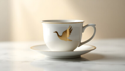 Obraz premium A luxurious white teacup with an exquisite golden crane pattern.