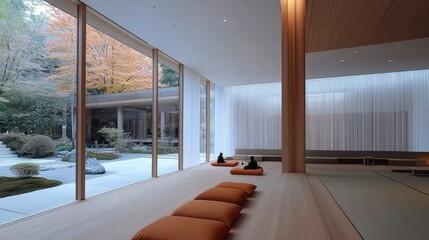 Modern minimalist interior design featuring natural light and serene garden view in a tranquil setting