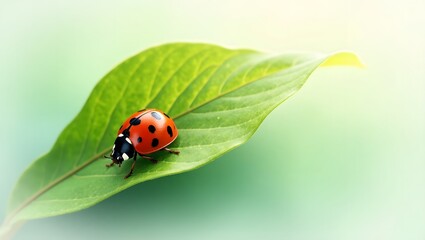 Fototapeta premium A bright red ladybug sits on a lush emerald green leaf.