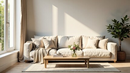 Serene Living Room with Sunlight Streaming Through Window and Comfortable Beige Sofa