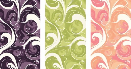 A series of three retro designs with swirling lines and stripes in green, purple, and pink, creating an optical illusion effect