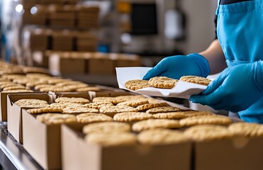 Worker in gloves places oatmeal cookies into boxes on a conveyor belt in a bakery.