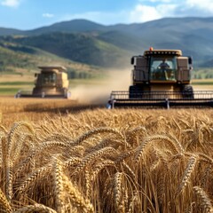 Naklejka premium Harvesting wheat in the countryside with modern equipment under a clear blue sky surrounded by mountains