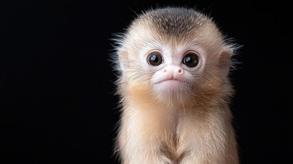 Naklejka premium Cute baby monkey looking directly forward against a solid black studio background.