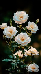 Fototapeta premium Beautiful white roses bloom in a lush garden during the morning light, showcasing delicate petals and vibrant greenery