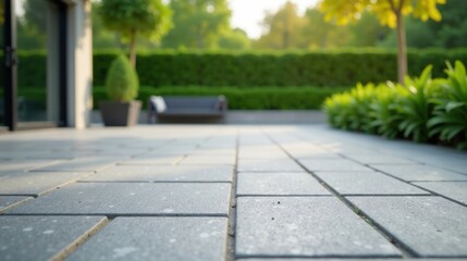 Serene Patio Pathway, Sunlit Stone Tiles Leading to Lush Greenery and a Tranquil Seating Area