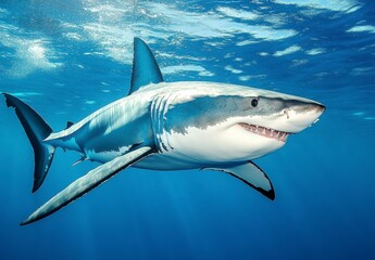 Fototapeta premium Great white shark underwater, powerful predator in blue ocean water, sunlight beams, detailed view of its body, open mouth, sharp teeth