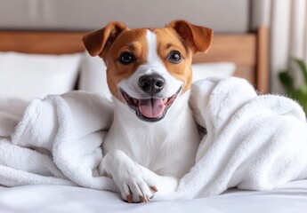 Happy Jack Russell Terrier dog snuggles under a white towel on a bed, smiling contentedly. Soft, natural light illuminates the scene, creating a warm