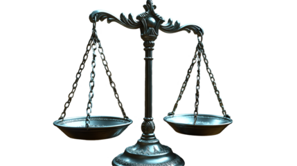 Silver Scales of Justice Legal Courtroom Theme, Elegant Balance with Gavel and Judge Symbol, isolated on transparent background.