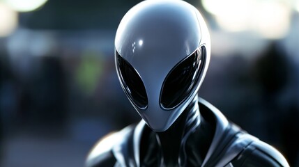 Fototapeta premium Futuristic Grey Alien Close Up - Close-up of a futuristic grey alien figure, sleek design, intense gaze.