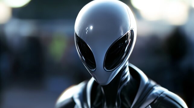 Futuristic Grey Alien Close Up - Close-up of a futuristic grey alien figure, sleek design, intense gaze.