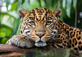 Obraz premium Close up view of a jaguar resting on a log, its spotted coat detailed against a blurred green foliage background. The jaguar's gaze is direct, its