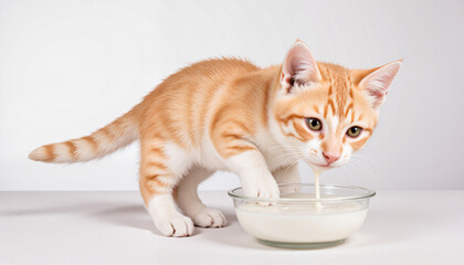 Playful orange kitten drinking milk from a clear bowl on a clean white surface