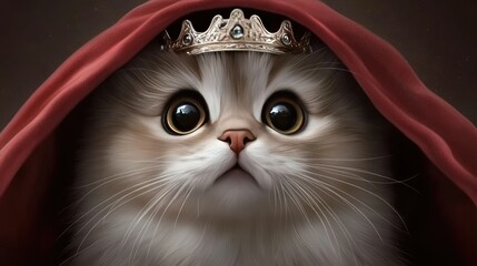 A charming, fluffy cat dressed in royal attire complete with a sparkling crown and a luxurious red cloak gazes intently into the distance, exuding an air of noble elegance
