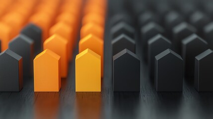 Fototapeta premium Colorful house models in a row on a dark background.