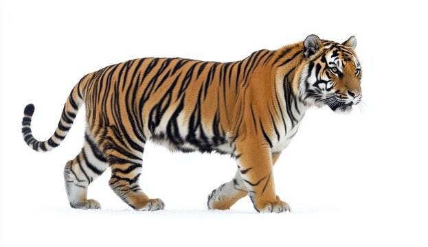 Striking image of a majestic tiger walking in the snow against a stark white background. The tiger's orange and black stripes are sharply defined