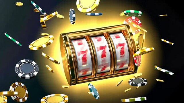 Slot machine jackpot with gold and poker chips in motion on black background