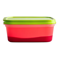 A practical reusable plastic food storage container, featuring a vibrant red body and a secure lime green lid.