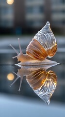 A vibrant and colorful snail smoothly navigates a shiny, reflective surface amidst the bustling urban surroundings during the day
