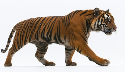 Fototapeta premium A majestic tiger walks across a pristine white background, its orange and black stripes sharply defined. The lighting is even and bright