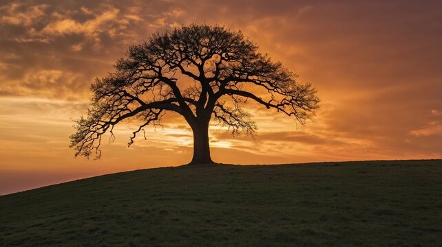 A solitary tree on a hill, beautifully silhouetted against a sunset sky.