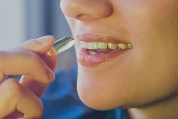 Mujer tomando vitaminas, omega 3, magnesio entre otras